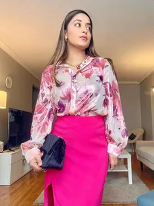 Floral print long sleeve blouse and hot pink slit skirt two-piece set for women