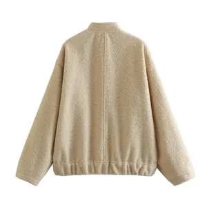 Detailed back view of a minimalist beige stand collar textured fleece jacket for women