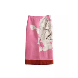 Women Linen Blend Floral Print Midi Skirt Pink Contrast Hem High Waist Casual Straight Skirt Summer Vacation Bottom