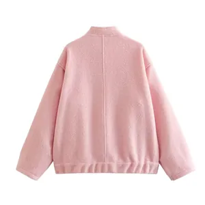 Back view of a pink minimalist stand collar textured fleece jacket for women's autumn style