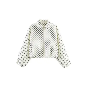 Chaqueta blanca elegante con lunares negros para mujer, cuello solapa y manga abullonada