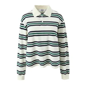 Retro striped long sleeve polo shirt for women with cream, green and navy bands