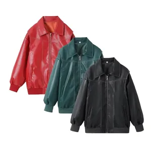 Vintage oversized faux leather bomber jackets for women in red green and black colors
