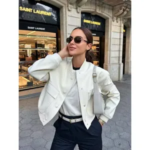 Women Stand Collar Jacket Loose Fit Polyester Outerwear With Large Pockets Button Up Bomber Jacket Casual Streetwear Top