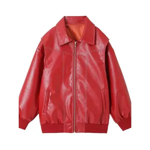 Women's Retro American Style Loose Long Sleeve Jacket Casual Zip Up Bomber Jacket With Contrast Stitching Solid Color Top