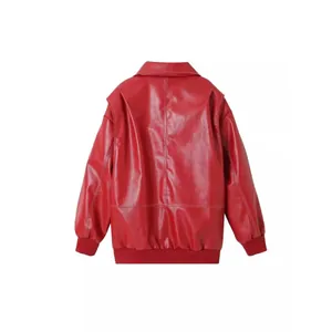 Retro red oversized faux leather bomber jacket for women with ribbed elasticated cuffs