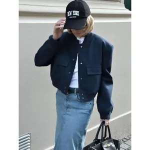 Stylish navy blue stand collar cropped jacket with large pockets for women