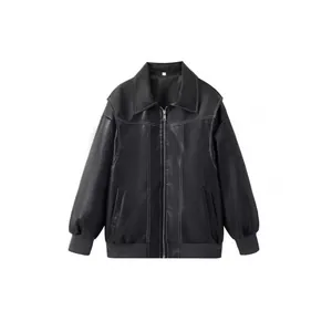Stylish women's retro loose faux leather jacket with white contrast stitching detail
