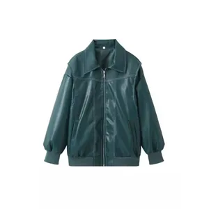 Stylish women's vintage loose dark green faux leather jacket with white stitching.