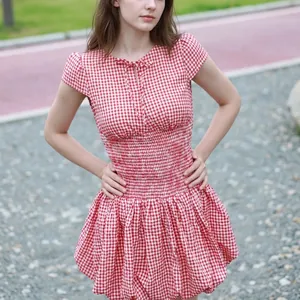 Women Western Gingham Smocked Mini Dress Tie Front Cut Out Short Sleeve Fit Flare A-Line Plaid Casual Polyester Dress