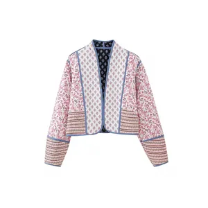 Bohemian reversible quilted floral jacket with patchwork design and contrast trim