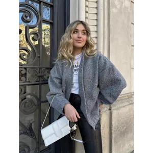 Minimalist grey stand collar oversized cardigan jacket for women, stylish autumn outerwear
