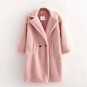 Premium long-sleeved pink teddy coat featuring plush faux fur and classic lapel design