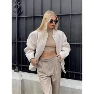 Minimalist off-white stand collar cardigan jacket for chic autumn fashion outfit