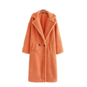Elegant warm orange long faux fur teddy coat with wide lapel collar and front buttons