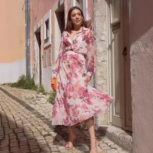 Women Floral Printed Top And Bottom Two Piece Set Long Sleeve Shirt And High Waist Pleated Skirt Elegant Casual Clothing