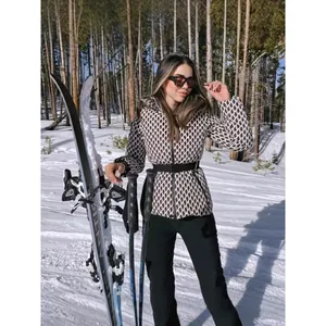 Women Waisted Hooded Ski Top Puffer Jacket Faux Down Cotton Coat Outdoor Sports Winter Geometric Print Warm Top