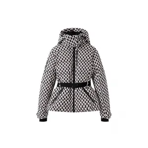Stylish women's hooded ski jacket featuring belted waist and geometric diamond pattern