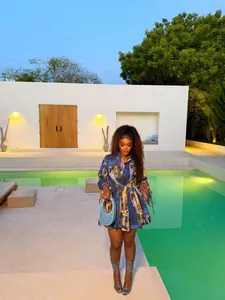 African style printed resort mini dress with shirt collar and drawstring waist