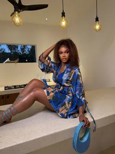African style printed short dress with shirt collar and drawstring in vibrant blue