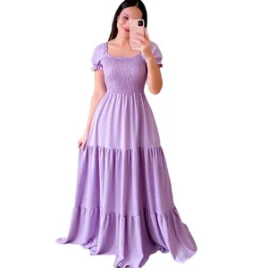 Lavender tiered maxi dress featuring a smocked bodice and elegant puff sleeves view