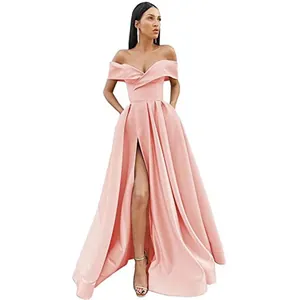 Elegantes rosa Satin-Abendkleid schulterfrei mit hohem Schlitz und V-Ausschnitt
