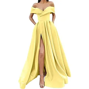 Elegantes gelbes schulterfreies Satin-Abendkleid mit einem modischen hohen Beinschlitz