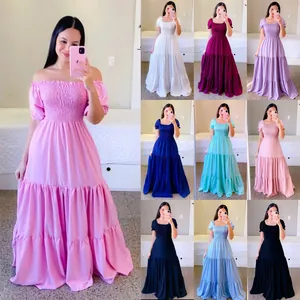 Elegant off-shoulder smocked tiered maxi dress shown in multiple solid color options