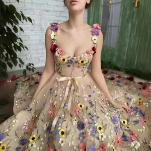 Elegant nude mesh prom dress featuring colorful 3D floral embroidery and delicate appliqués