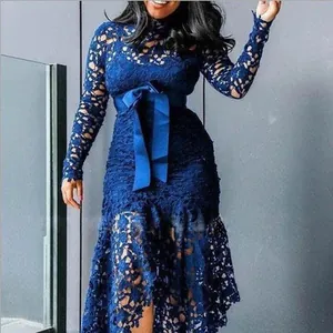 Elegant royal blue lace hollow long-sleeve dress with tie-waist and irregular hemline.