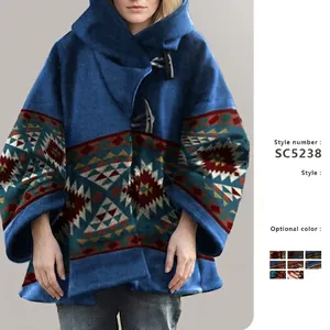 Manteau en Laine Ethnique Vintage pour Femmes Imprimé Bohème à Capuche Bouton Olive Coupe Large Chaud Hiver Polyester Cachemire