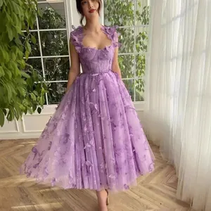 Robe de Mariée en Tulle à Appliques Papillons 3D pour Femmes Bretelles Spaghetti Sans Manches Corset Fente Haute Robe de Soirée Satin Tulle