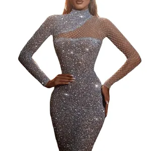 Silver sequin bodycon dress with high neck and mesh hollow out detail for formal parties
