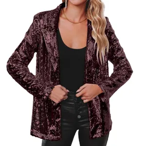 Close-up view of elegant burgundy sequined long sleeve blazer jacket for women party wear