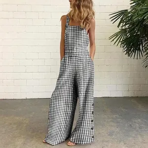 Fashionable sleeveless gingham jumpsuit with wide leg pants and backless design