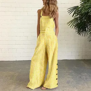 Detailed view of yellow gingham wide-leg backless jumpsuit with side buttons decoration