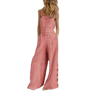Red and white gingham checkered print wide-leg backless jumpsuit for summer fashion