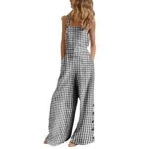 Detailed view of women's black and white checkered wide-leg jumpsuit with backless design
