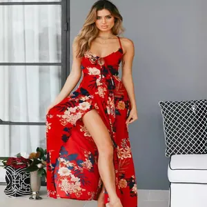 Elegant red floral print maxi dress with spaghetti straps and high side slit detail