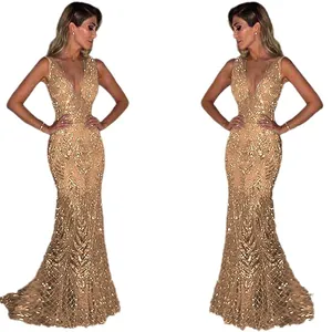 Elegant gold sequined floor-length evening gown with deep V-neck and sleeveless design
