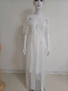 Elegant white lace off-the-shoulder wedding dress with intricate flower embroidery details