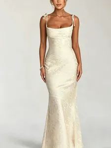 Vestito Lungo Bodycon in Jacquard Elegante da Donna con Spalline a Fiocco Abito da Sera Aderente Senza Maniche Formale da Gran Gala
