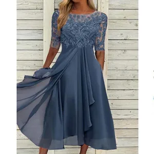Elegant blue lace and chiffon bridesmaid dress with hollow-out floral embroidery details