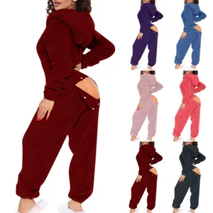 Women's plush hooded onesie loungewear with functional buttoned back flap in various colors