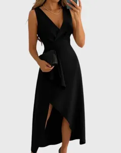 Elegant black sleeveless V-neck dress with knot detail and asymmetrical high-low hem