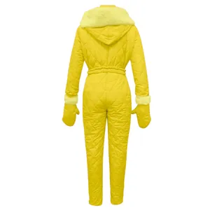 Back view of a professional yellow quilted women's one-piece ski suit with fur-lined hood