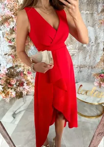 Elegant red V-neck sleeveless dress with asymmetrical hem and a cinched waist design