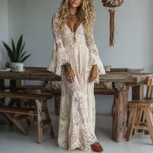 Bohemian chic white lace long-sleeved V-neck maxi dress for elegant holiday vacation