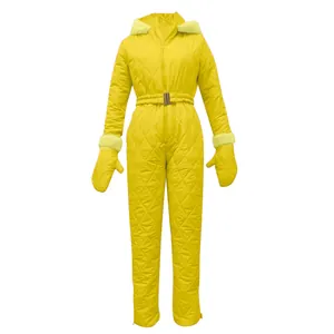 Yellow quilted waterproof women's ski suit set including belt and matching mittens detail.