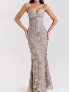 Elegant floral embroidery and shimmering sequins on a corset bodice long dress detail